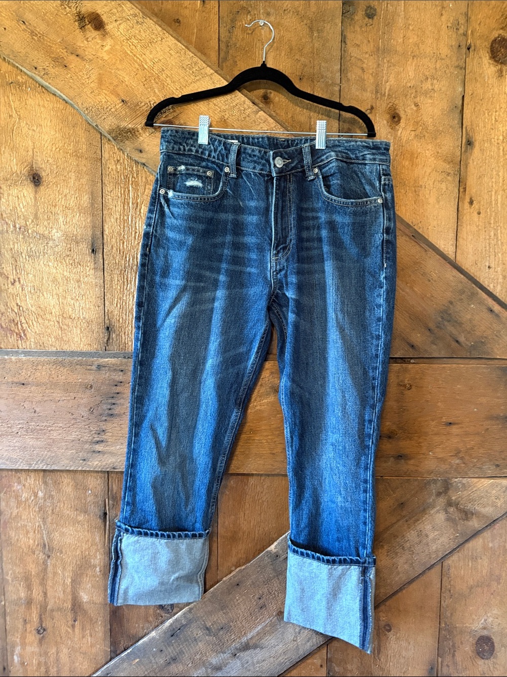 Zara Dark Blue Flare Jeans with Cuffed Hem